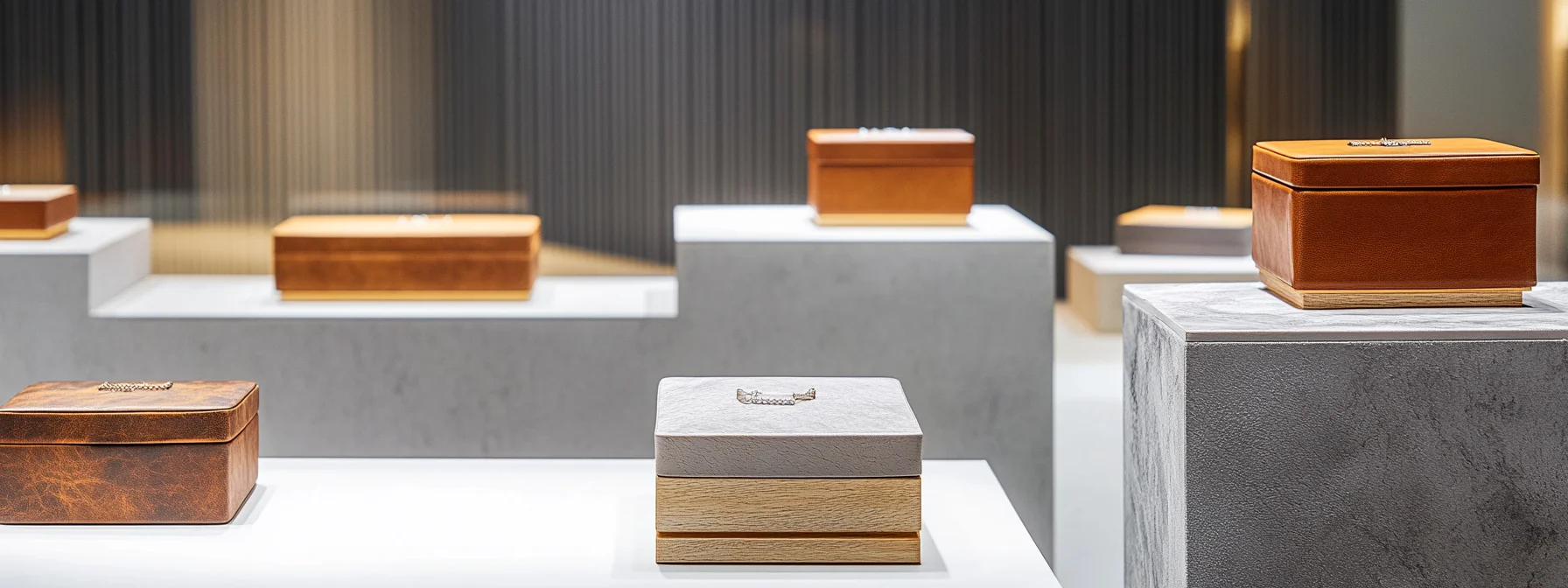 Stylish jewelry boxes custom designed for minimalist exhibition displays.
